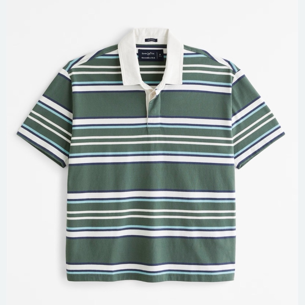 Abercrombie Men’s Oversized Green Striped Polo Shirt Small